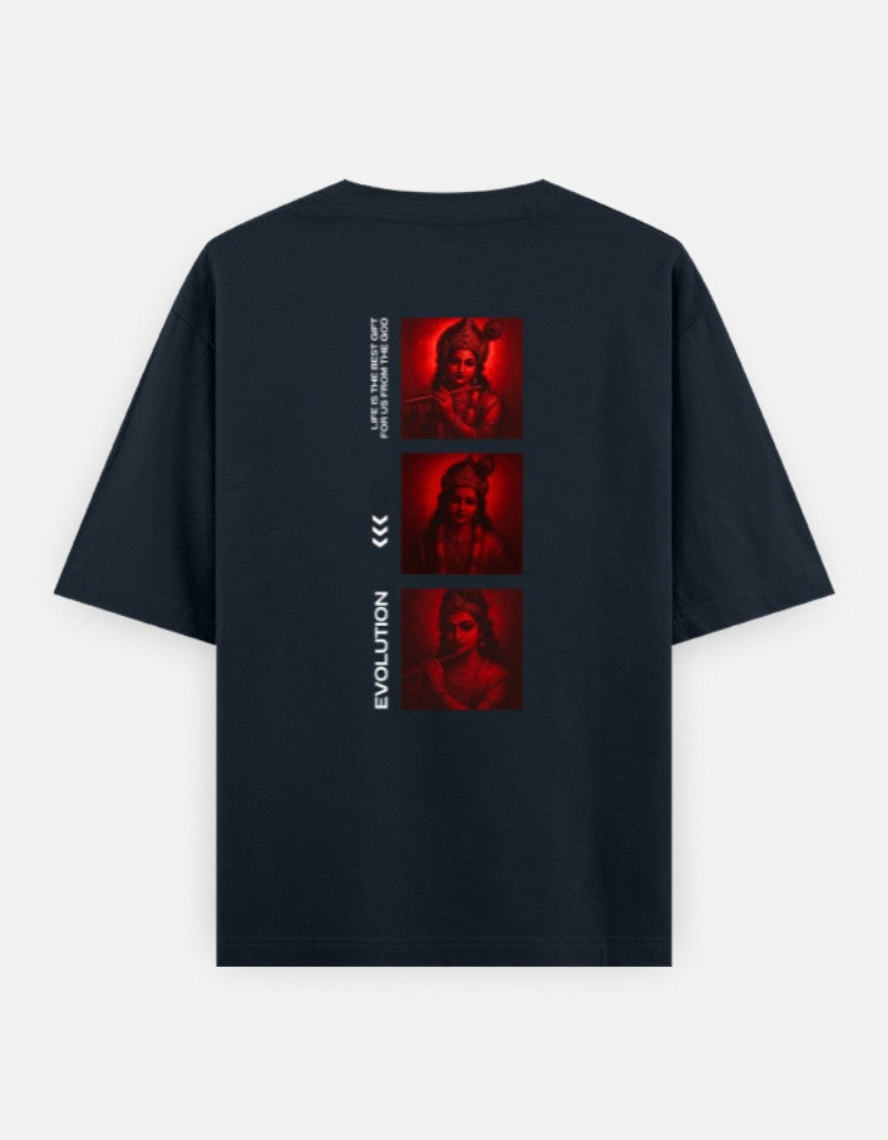 Oversized Krishna T-shirt for Men & Women — Front 'Flute Feather Faith' Text & Back Krishna Design | Spiritual Sanatani Tee - SanatanSoul