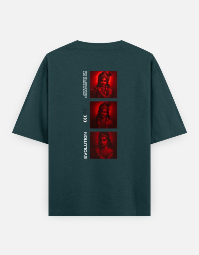 Oversized Krishna T-shirt for Men & Women — Front 'Flute Feather Faith' Text & Back Krishna Design | Spiritual Sanatani Tee - SanatanSoul