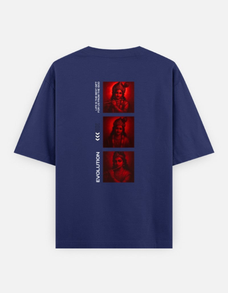 Oversized Krishna T-shirt for Men & Women — Front 'Flute Feather Faith' Text & Back Krishna Design | Spiritual Sanatani Tee - SanatanSoul