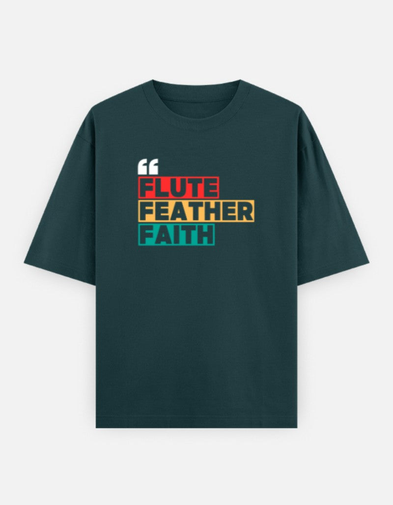 Oversized Krishna T-shirt for Men & Women — Front 'Flute Feather Faith' Text & Back Krishna Design | Spiritual Sanatani Tee - SanatanSoul