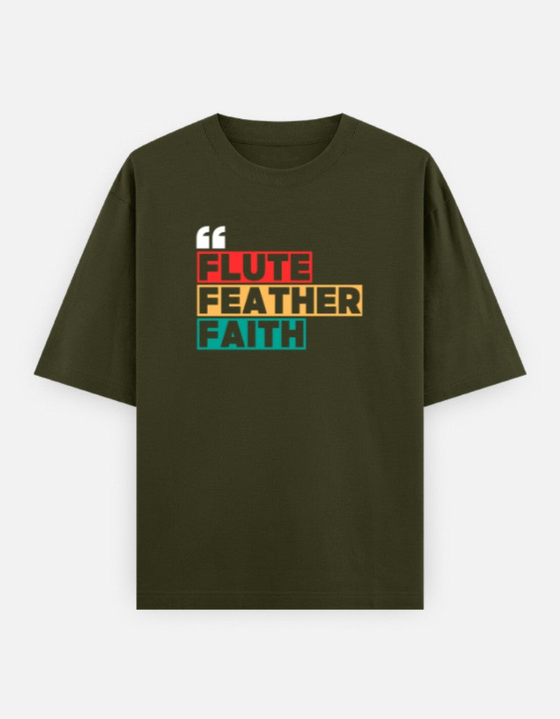 Oversized Krishna T-shirt for Men & Women — Front 'Flute Feather Faith' Text & Back Krishna Design | Spiritual Sanatani Tee - SanatanSoul