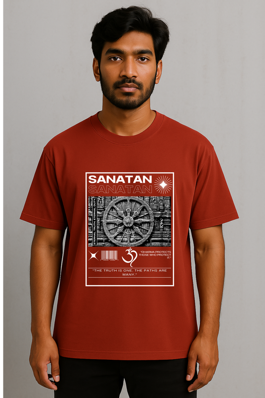 SANATAN Oversized Unisex Cotton T-Shirt – “Dharma Chakra” Premium Spiritual Hindu Edition - SanatanSoul