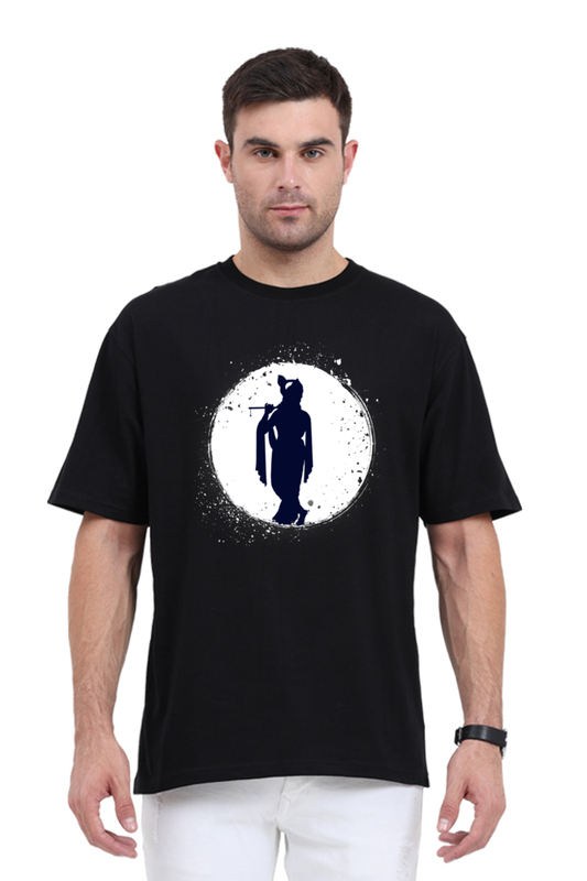 Oversized Krishna T-shirt — Front Flute Silhouette Design & Back Jai Shree Krishna Text for Devotees l Sanatani Tee for men - SanatanSoul