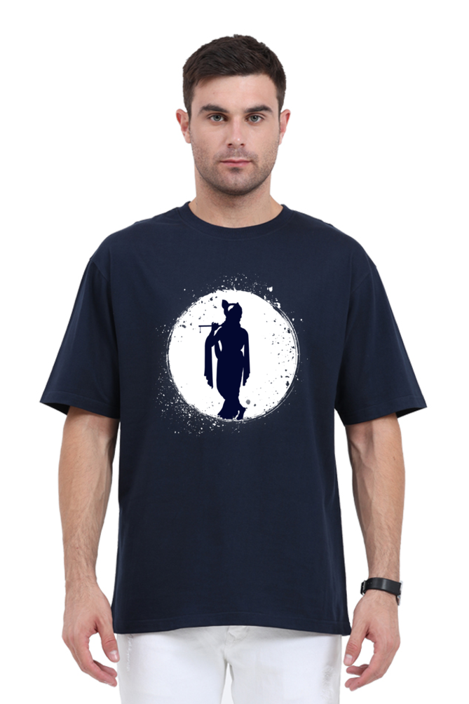 Oversized Krishna T-shirt — Front Flute Silhouette Design & Back Jai Shree Krishna Text for Devotees l Sanatani Tee for men - SanatanSoul