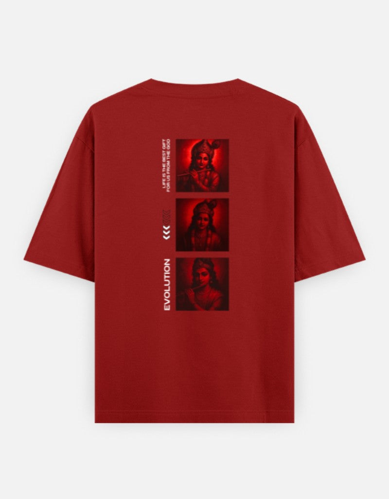 Oversized Krishna T-shirt for Men & Women — Front 'Flute Feather Faith' Text & Back Krishna Design | Spiritual Sanatani Tee - SanatanSoul