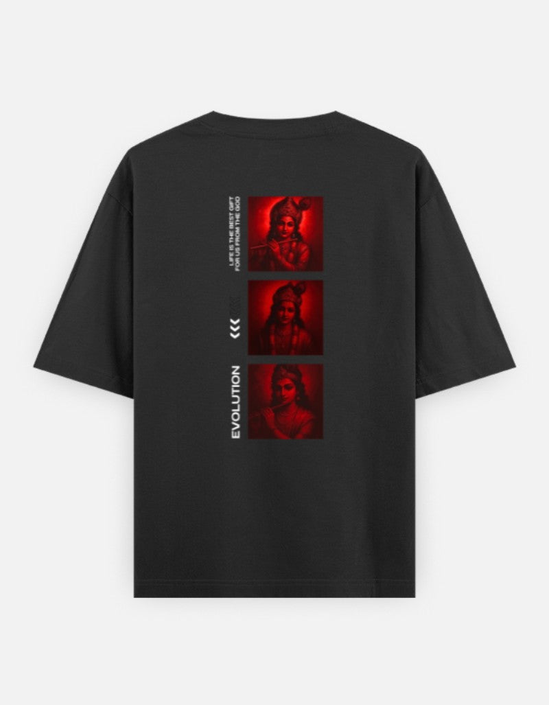 Oversized Krishna T-shirt for Men & Women — Front 'Flute Feather Faith' Text & Back Krishna Design | Spiritual Sanatani Tee - SanatanSoul