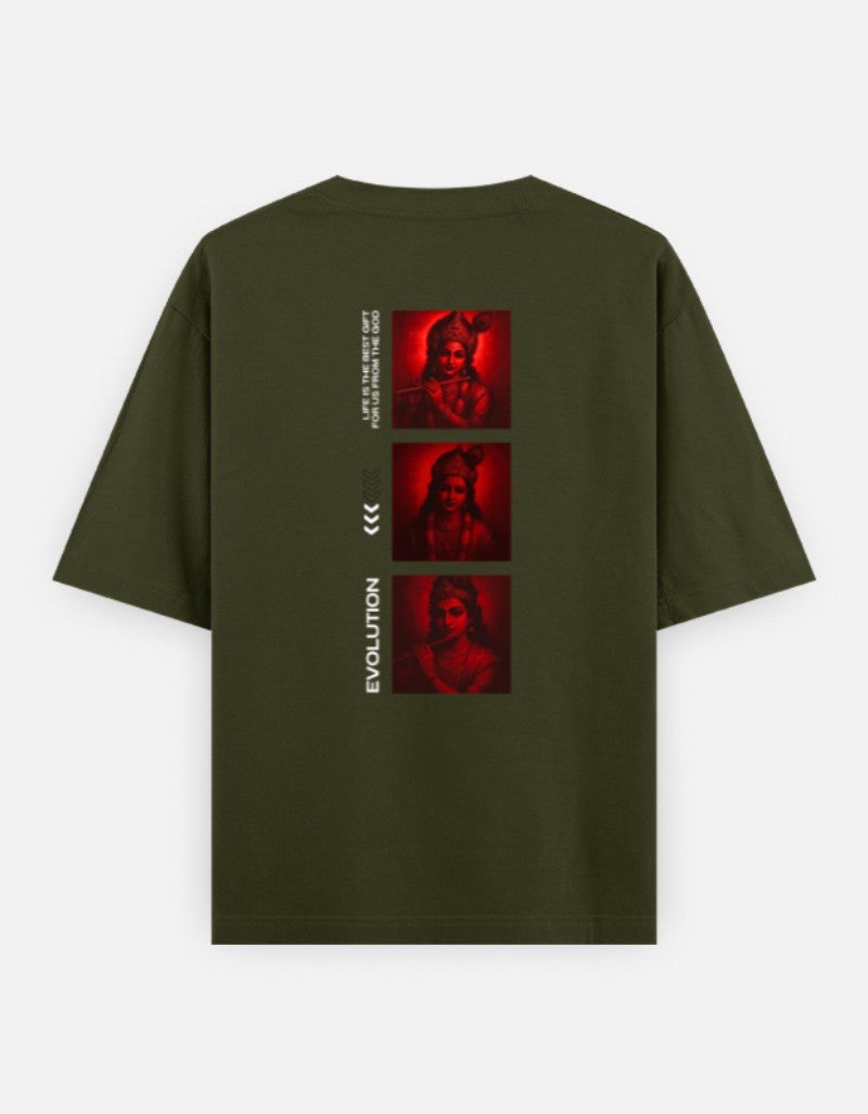 Oversized Krishna T-shirt for Men & Women — Front 'Flute Feather Faith' Text & Back Krishna Design | Spiritual Sanatani Tee - SanatanSoul