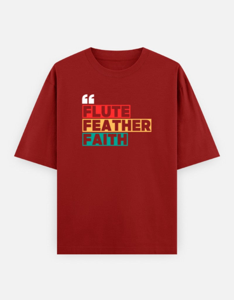 Oversized Krishna T-shirt for Men & Women — Front 'Flute Feather Faith' Text & Back Krishna Design | Spiritual Sanatani Tee - SanatanSoul