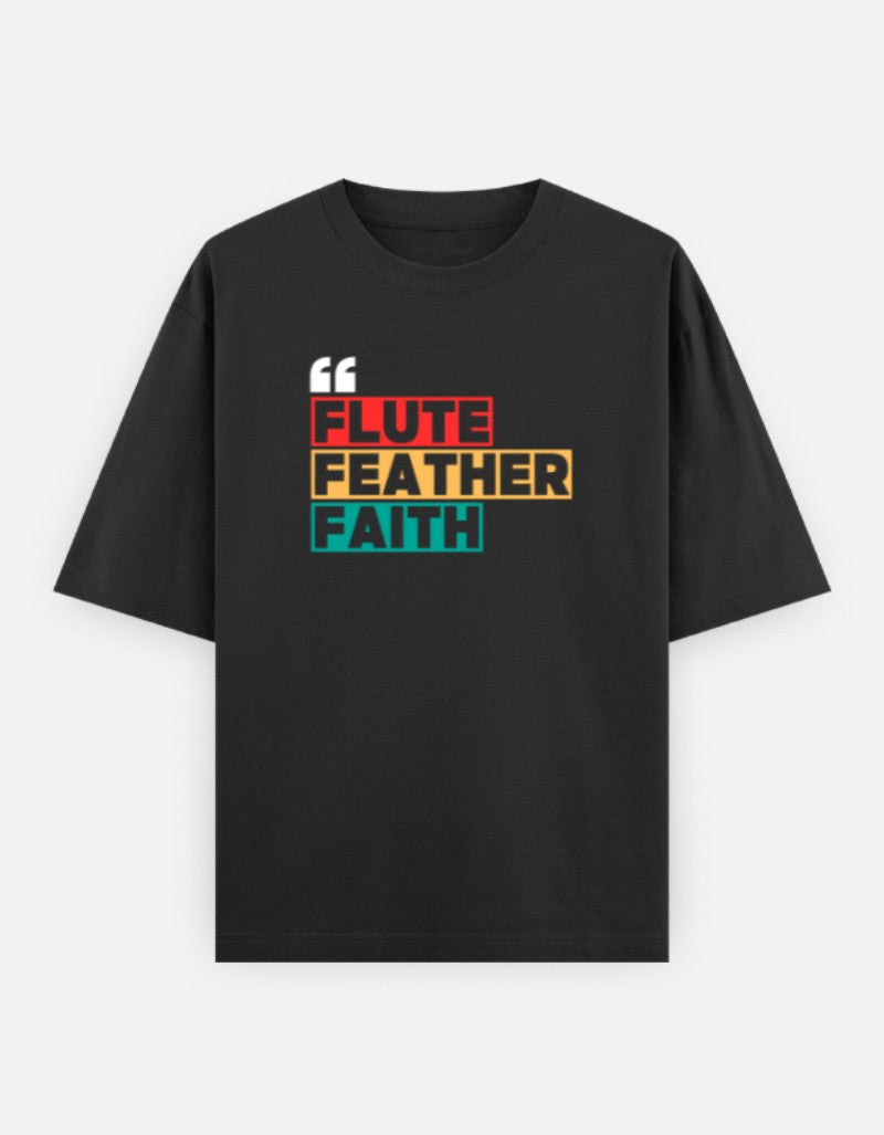 Oversized Krishna T-shirt for Men & Women — Front 'Flute Feather Faith' Text & Back Krishna Design | Spiritual Sanatani Tee - SanatanSoul