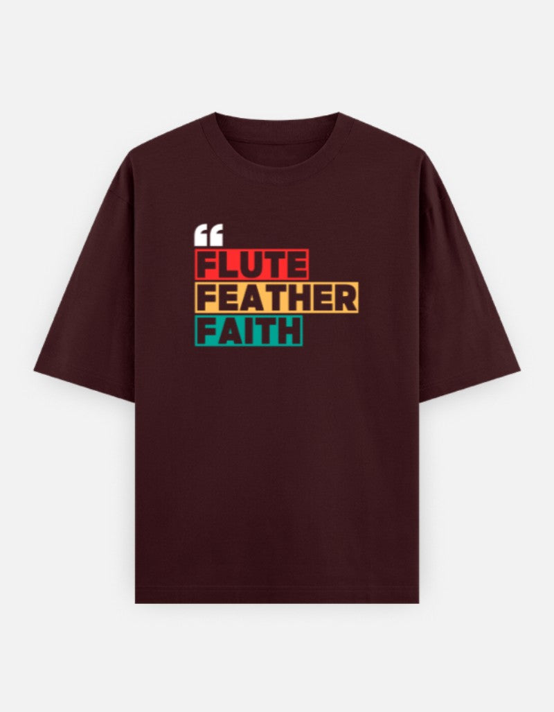 Oversized Krishna T-shirt for Men & Women — Front 'Flute Feather Faith' Text & Back Krishna Design | Spiritual Sanatani Tee - SanatanSoul