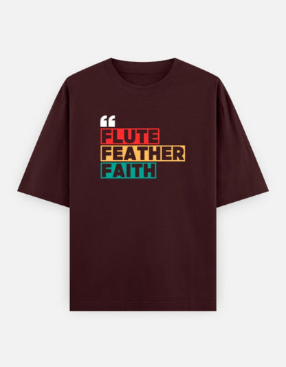Oversized Krishna T-shirt for Men & Women — Front 'Flute Feather Faith' Text & Back Krishna Design | Spiritual Sanatani Tee - SanatanSoul