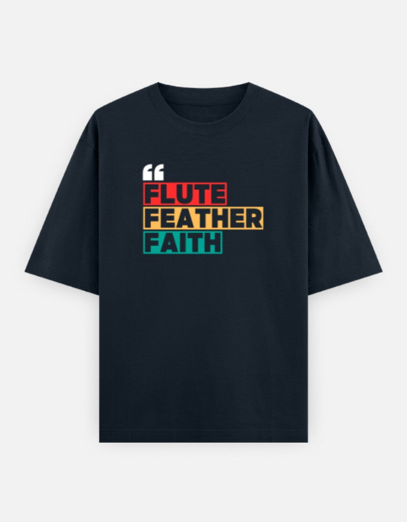 Oversized Krishna T-shirt for Men & Women — Front 'Flute Feather Faith' Text & Back Krishna Design | Spiritual Sanatani Tee - SanatanSoul