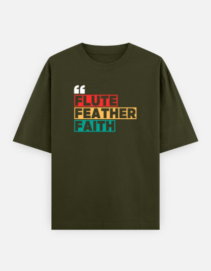 Oversized Krishna T-shirt for Men & Women — Front 'Flute Feather Faith' Text & Back Krishna Design | Spiritual Sanatani Tee - SanatanSoul
