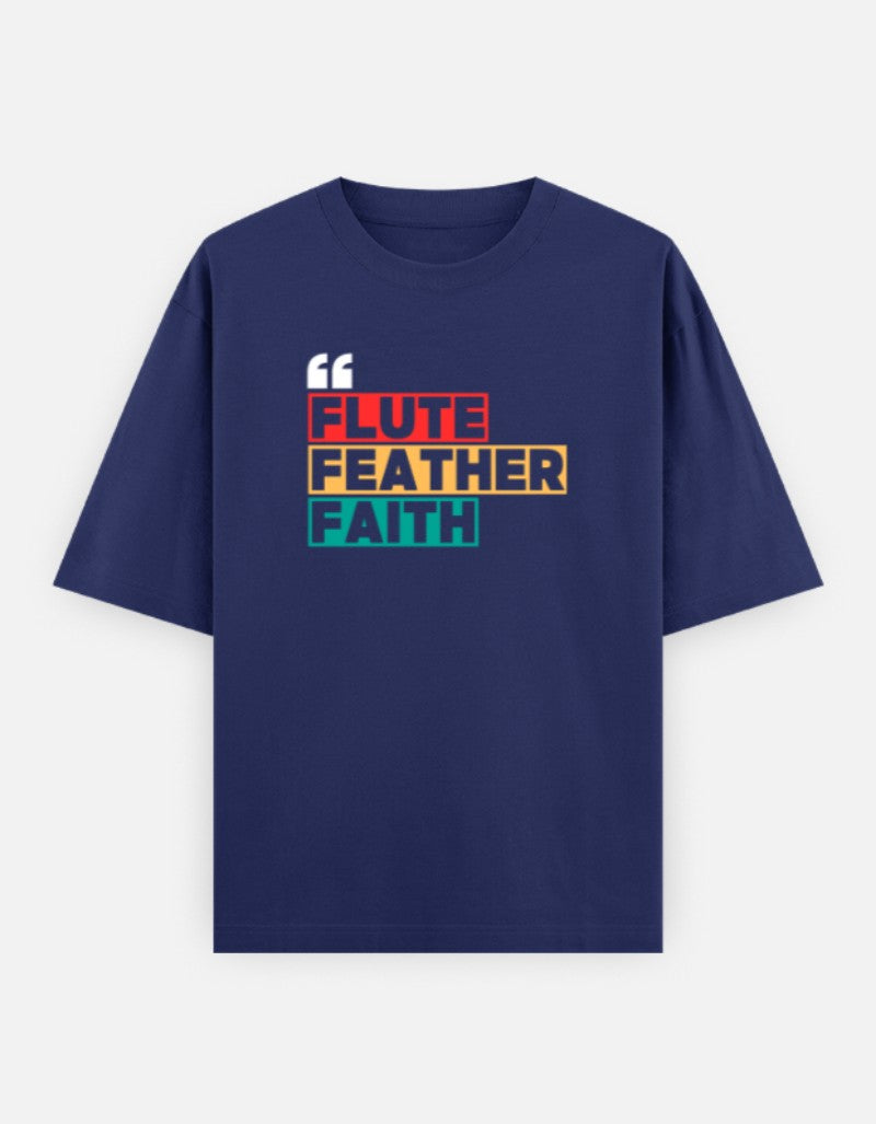 Oversized Krishna T-shirt for Men & Women — Front 'Flute Feather Faith' Text & Back Krishna Design | Spiritual Sanatani Tee - SanatanSoul