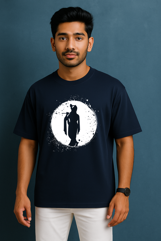 Oversized Krishna T-shirt — Front Flute Silhouette Design & Back Jai Shree Krishna Text for Devotees l Sanatani Tee for men - SanatanSoul