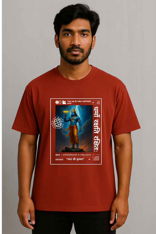 DHARMA YODDHA Oversized Unisex Cotton T-Shirt – “Jai Shree Krishna” Premium Hindu Edition - SanatanSoul