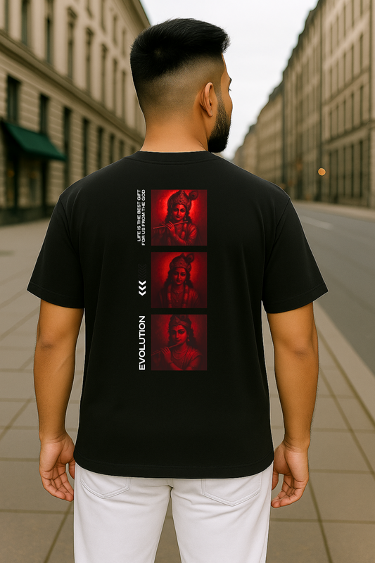 Oversized Krishna T-shirt for Men & Women — Front 'Flute Feather Faith' Text & Back Krishna Design | Spiritual Sanatani Tee - SanatanSoul