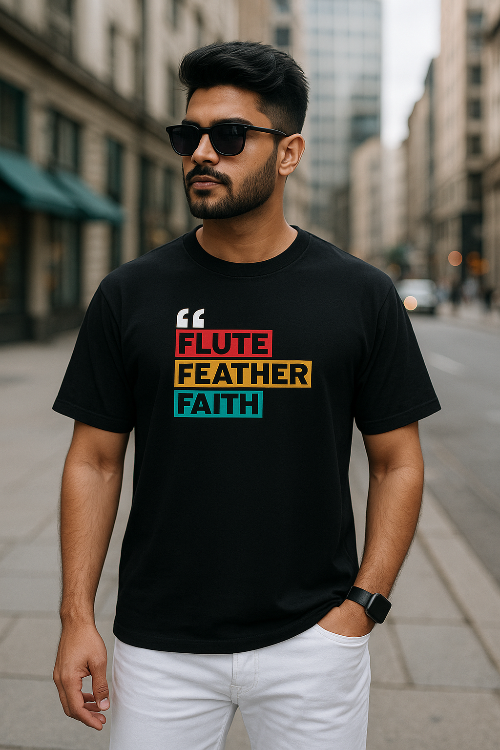 Oversized Krishna T-shirt for Men & Women — Front 'Flute Feather Faith' Text & Back Krishna Design | Spiritual Sanatani Tee - SanatanSoul