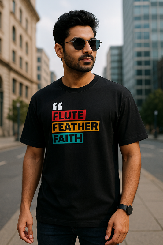 Oversized Krishna T-shirt for Men & Women — Front 'Flute Feather Faith' Text & Back Krishna Design | Spiritual Sanatani Tee - SanatanSoul