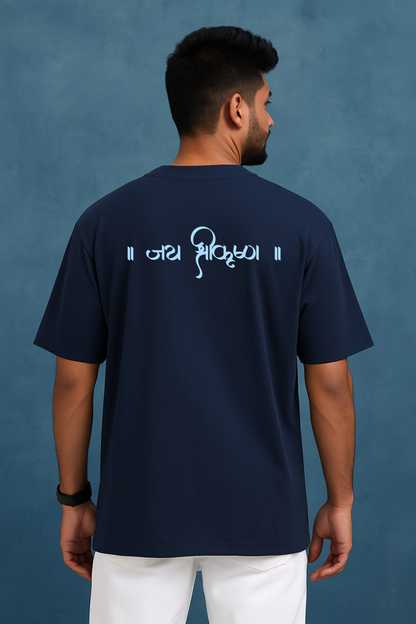 Oversized Krishna T-shirt — Front Flute Silhouette Design & Back Jai Shree Krishna Text for Devotees l Sanatani Tee for men - SanatanSoul