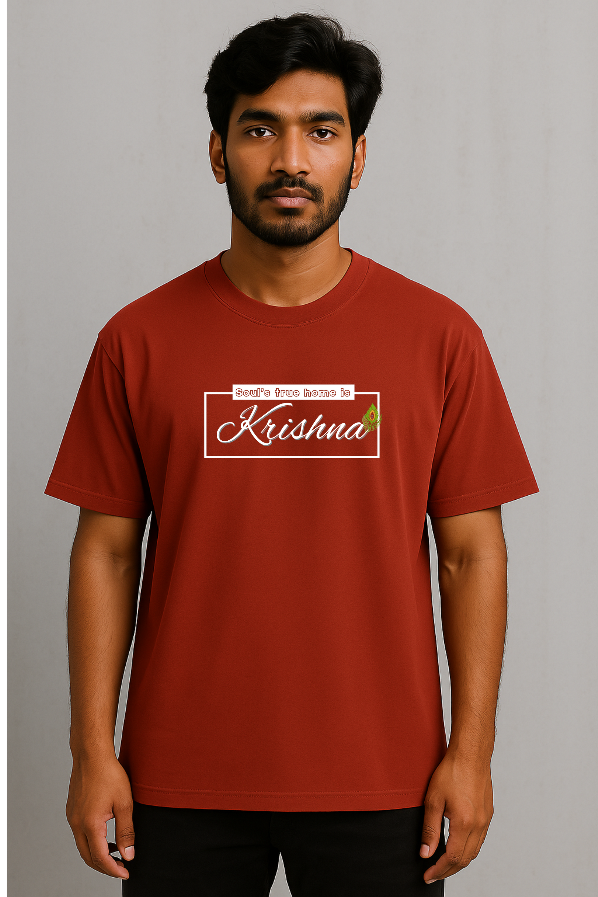 Soul's True Home is Krishna Oversized Cotton T-shirt for Men – 180 GSM Heavyweight Spiritual Graphic Tee - SanatanSoul